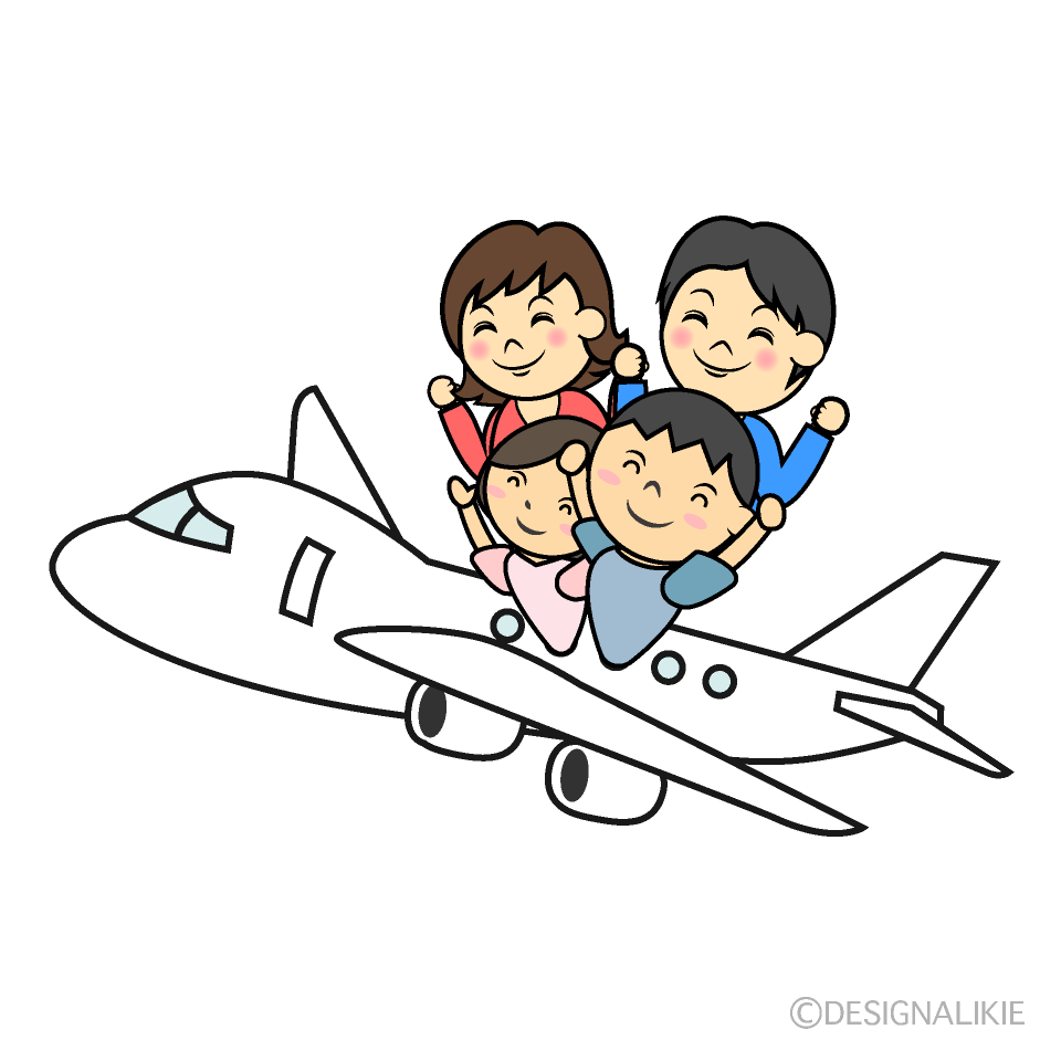 飛行機で旅行する家族の無料イラスト素材 イラストイメージ