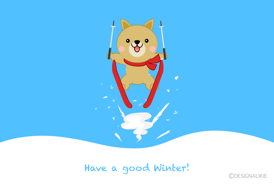 スキージャンプする犬の寒中見舞いの無料イラスト素材 イラストイメージ