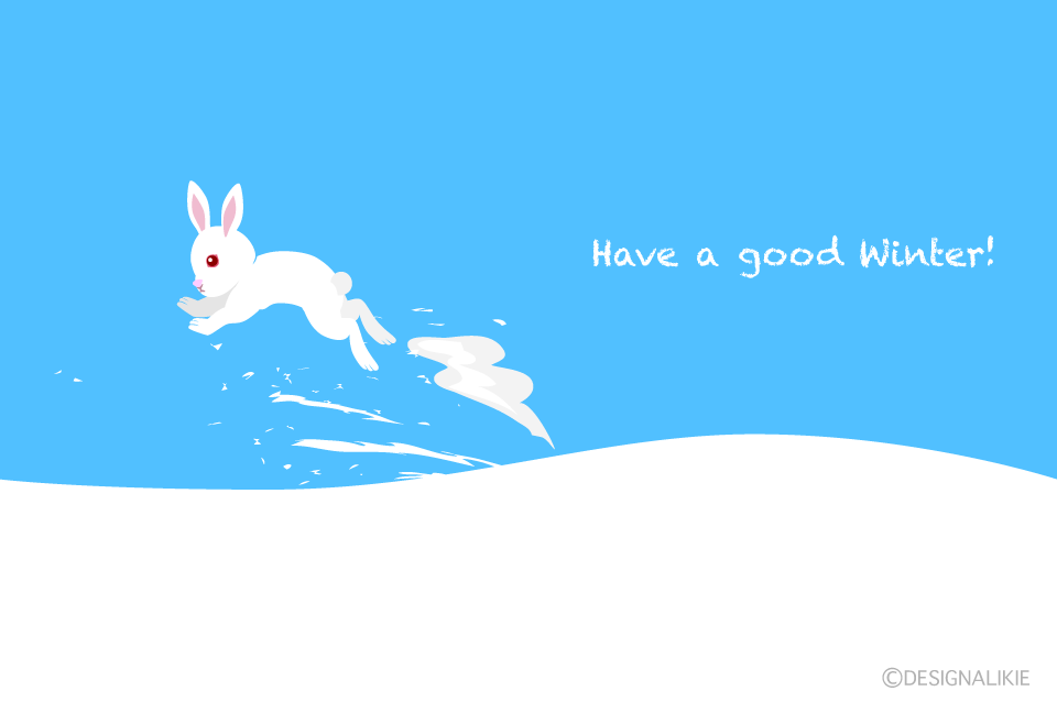雪原を飛び跳ねる白ウサギの寒中見舞いの無料イラスト素材 イラストイメージ
