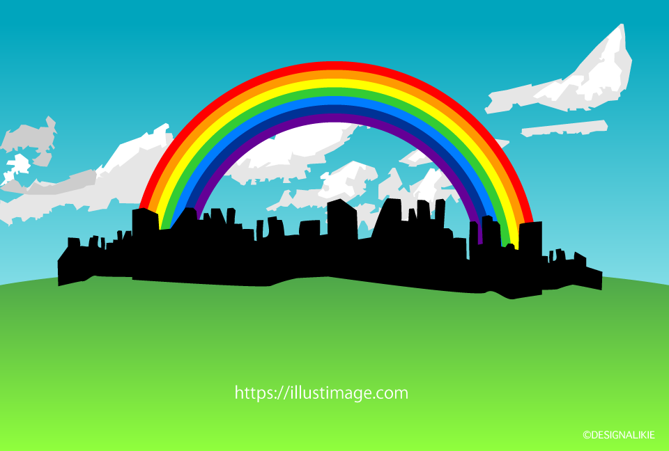 都会にかかる虹の無料イラスト素材 イラストイメージ