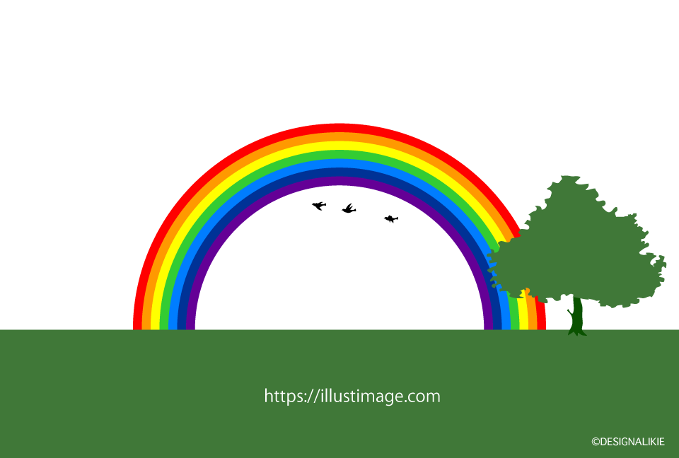 空飛ぶ小鳥と虹イラストのフリー素材 イラストイメージ