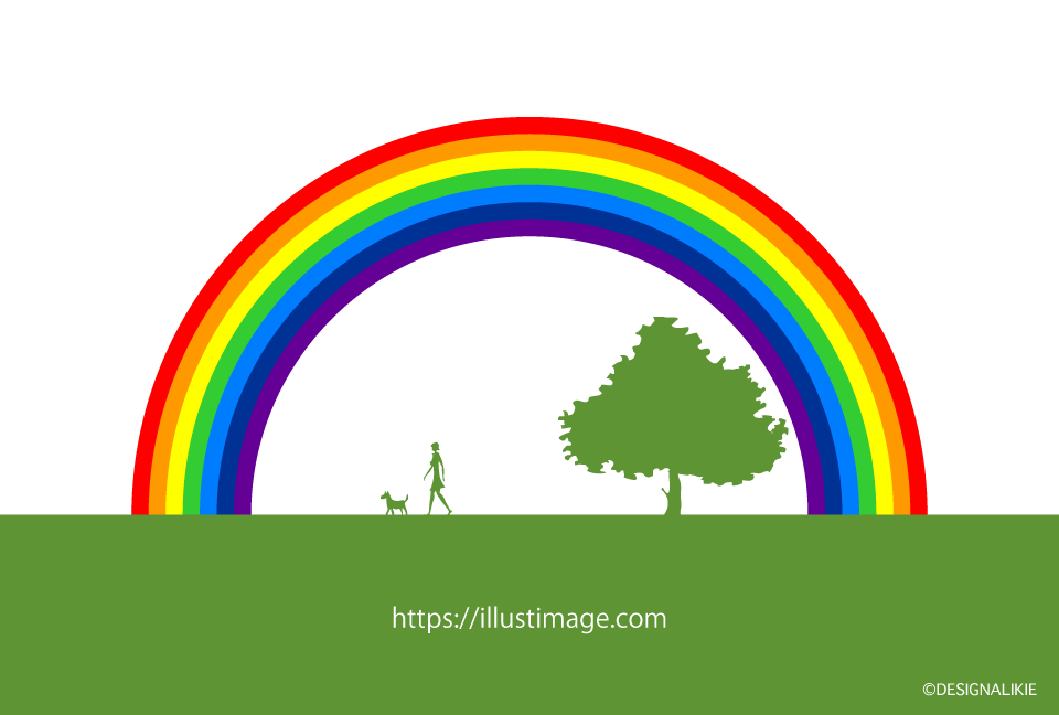 犬の散歩と虹イラストのフリー素材 イラストイメージ