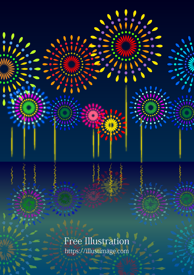 湖面に映る打ち上げ花火の無料イラスト素材 イラストイメージ