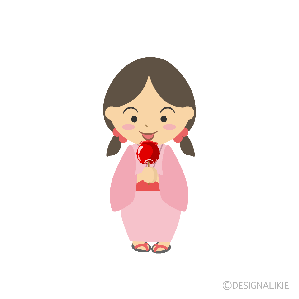 屋台のりんご飴と女の子イラストのフリー素材 イラストイメージ