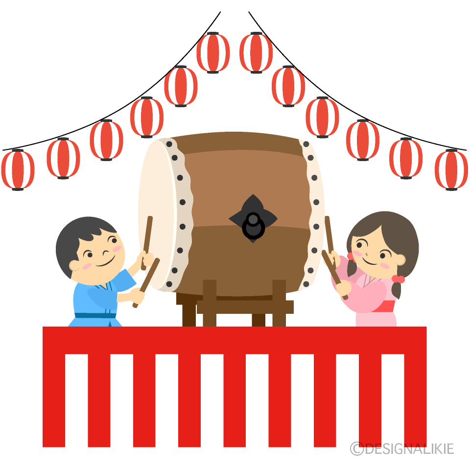 盆踊りで和太鼓を叩く男の子と女の子の無料イラスト素材 イラストイメージ