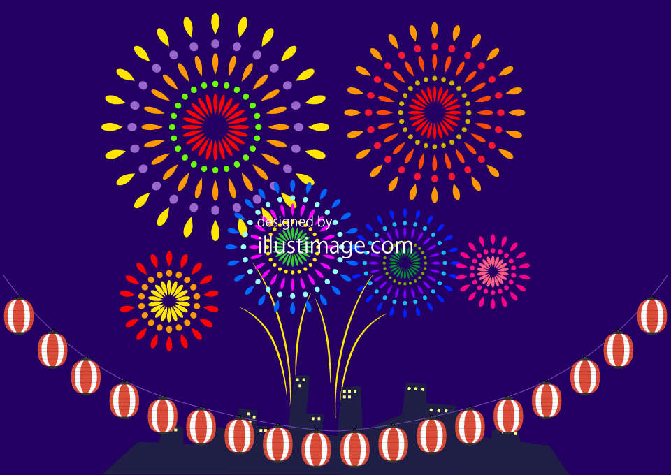 夏祭り花火と赤提灯イラストのフリー素材 イラストイメージ