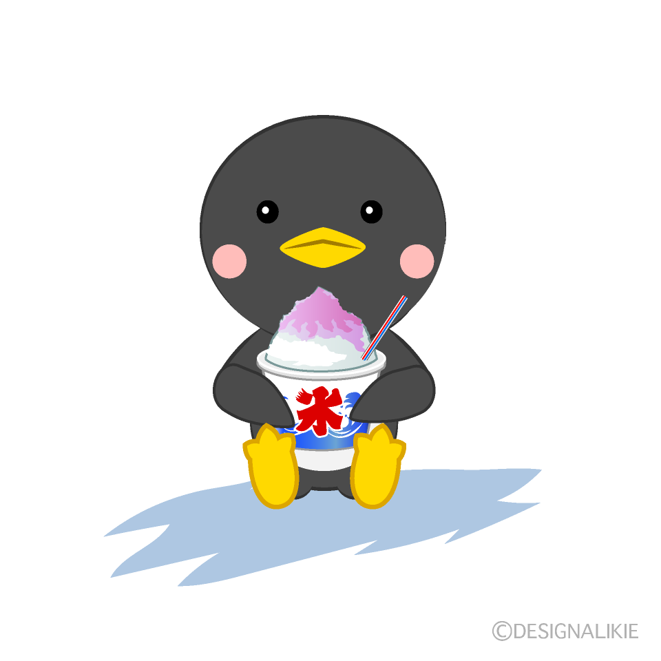 かき氷を食べる可愛いペンギンイラストのフリー素材 イラストイメージ