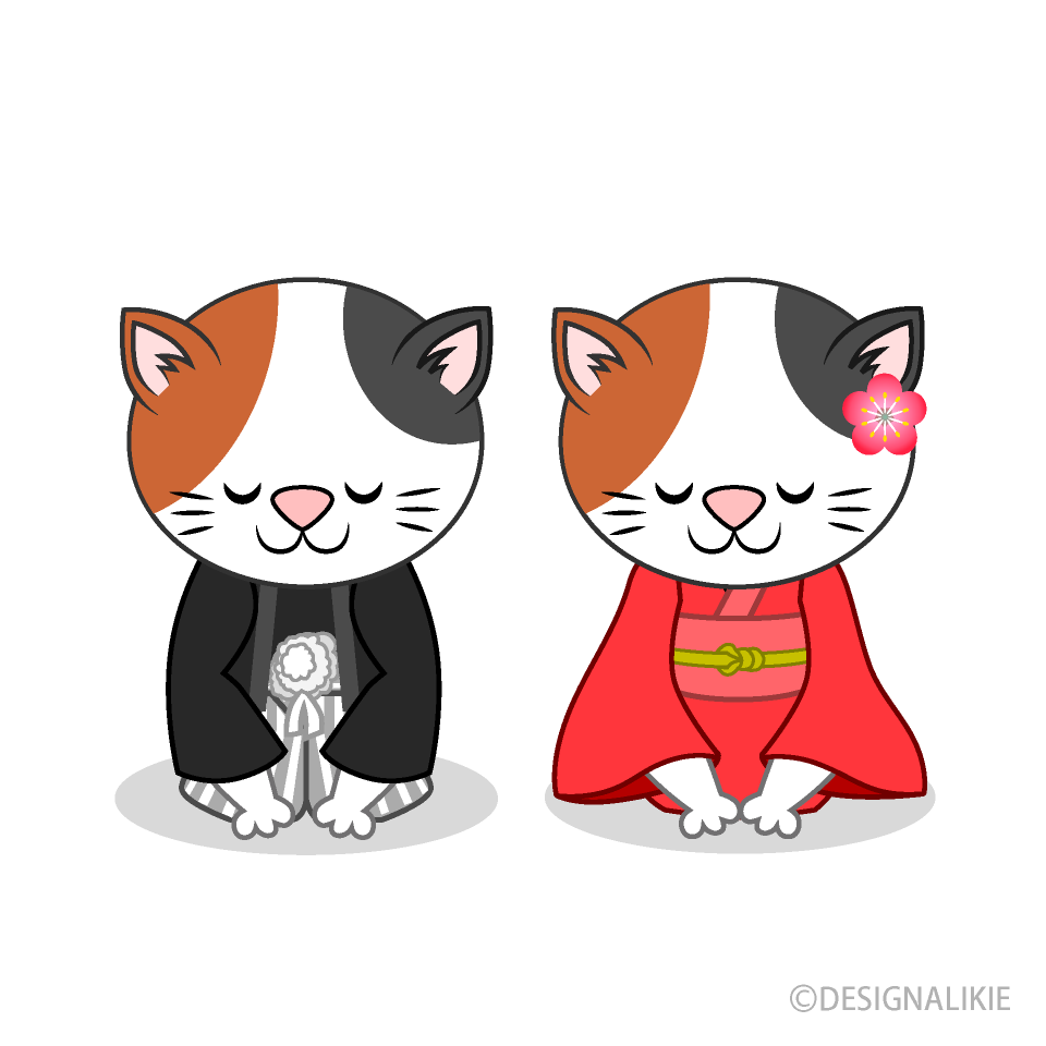 三毛猫夫婦の新年挨拶イラストのフリー素材 イラストイメージ