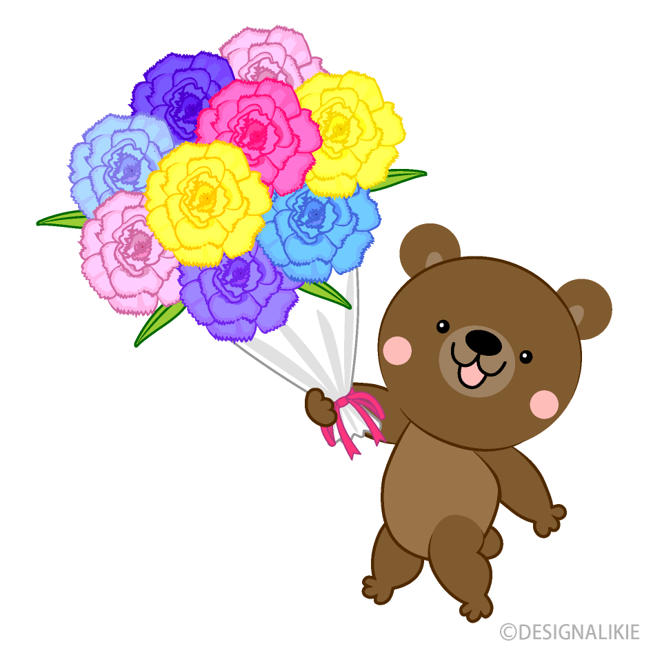 花束をプレゼントするクマの無料イラスト素材 イラストイメージ