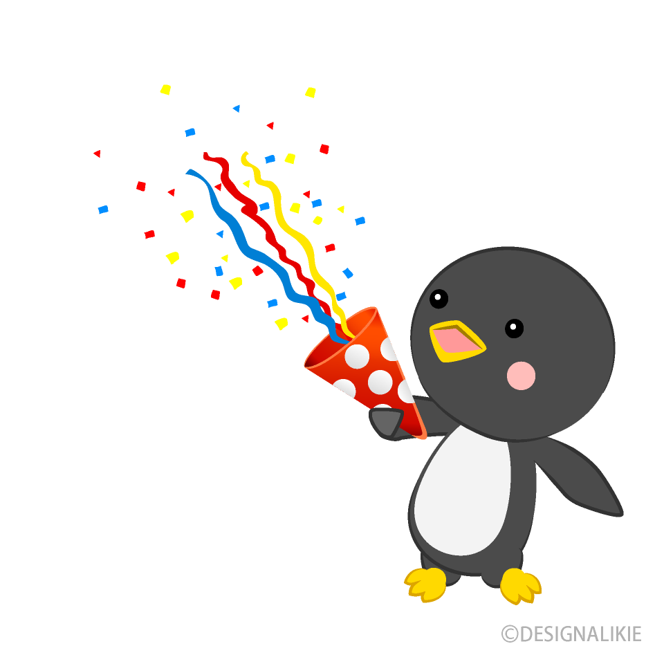 クラッカーを鳴らすペンギンイラストのフリー素材 イラストイメージ