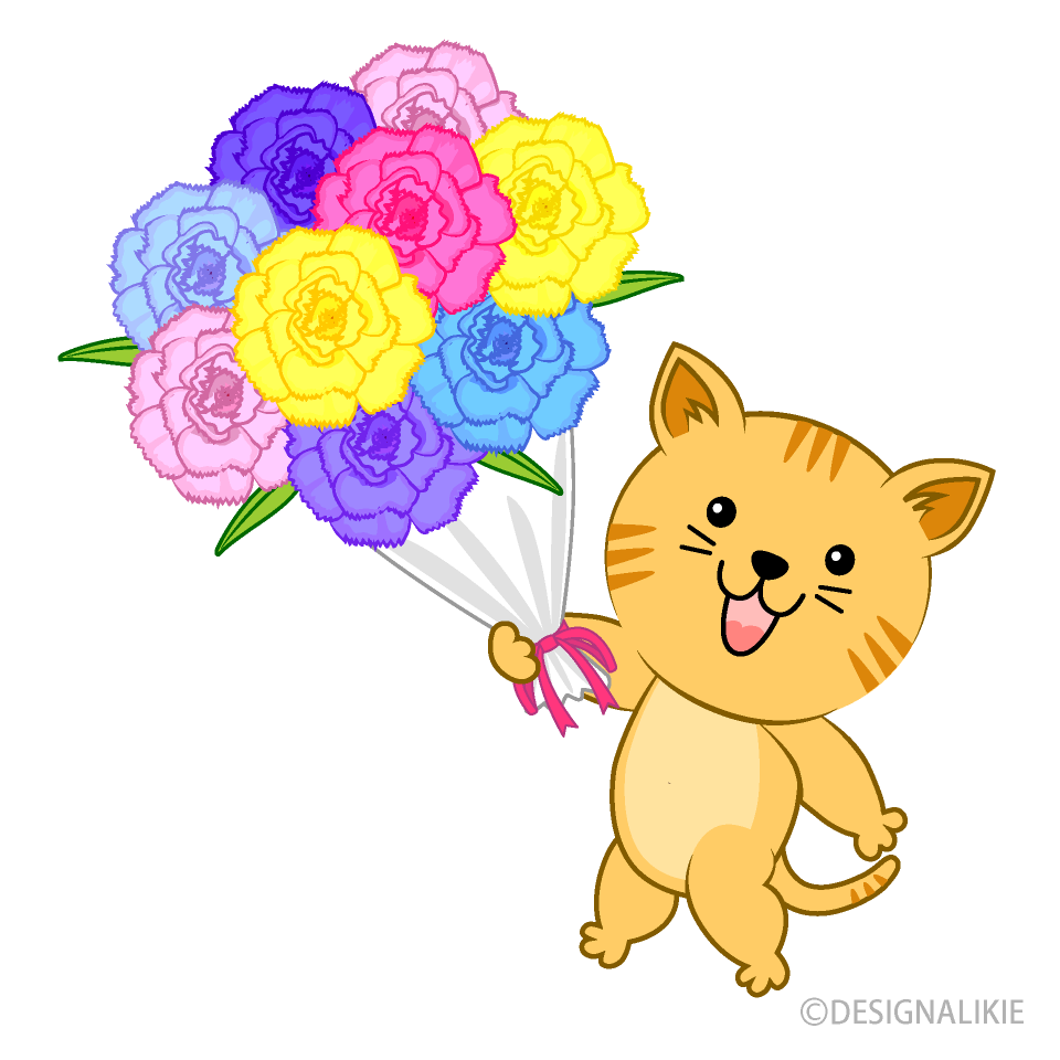 花束をプレゼントするトラ猫イラストのフリー素材 イラストイメージ
