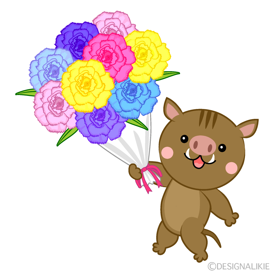 花束をプレゼンするイノシシの無料イラスト素材 イラストイメージ