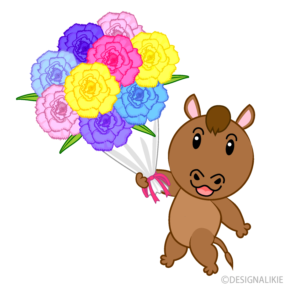 花束をプレゼントする可愛い馬イラストのフリー素材 イラストイメージ