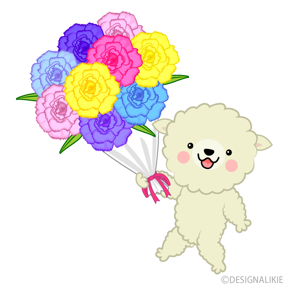 花束をプレゼントする可愛い羊の無料イラスト素材 イラストイメージ