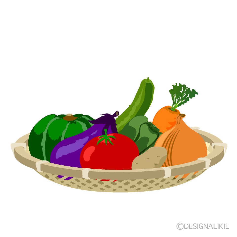 竹ザルいっぱいの野菜イラストのフリー素材 イラストイメージ