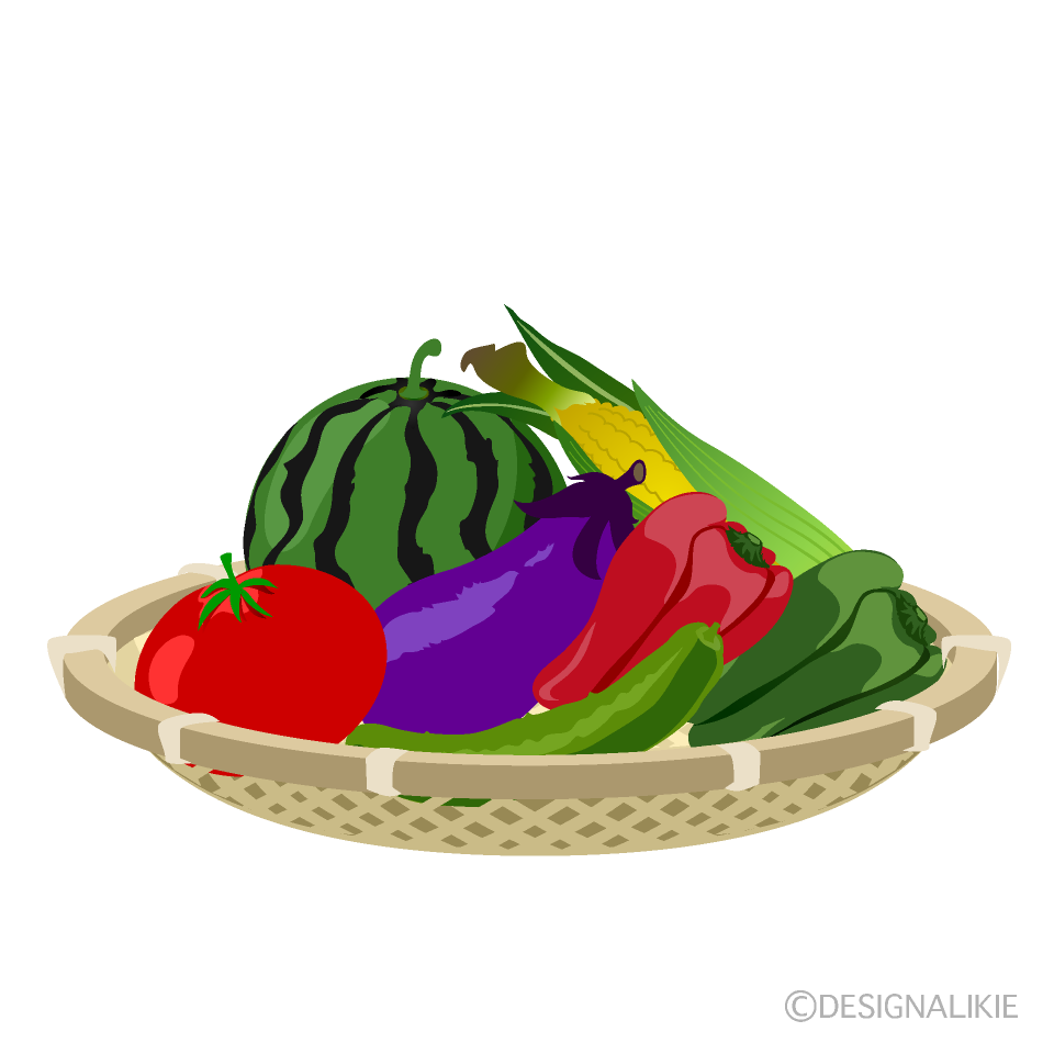 竹ザルいっぱいの夏野菜イラストのフリー素材 イラストイメージ