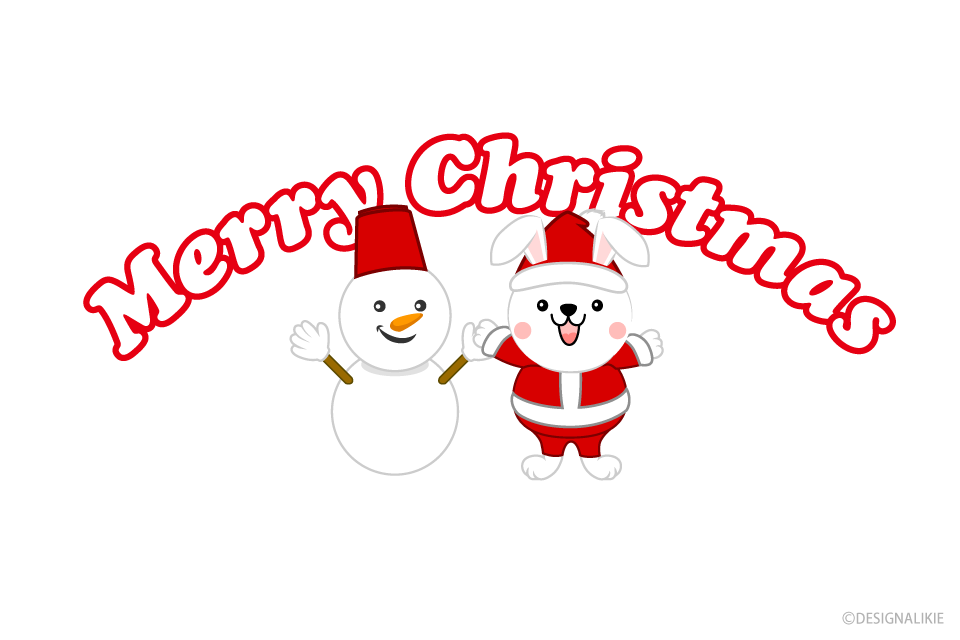 雪だるまとウサギサンタのメリークリスマスの無料イラスト素材 イラストイメージ