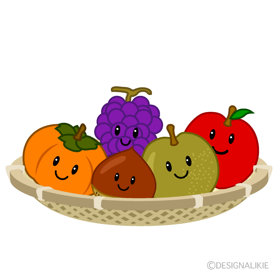 竹ざるの秋の味覚果物キャラクターイラストのフリー素材 イラストイメージ