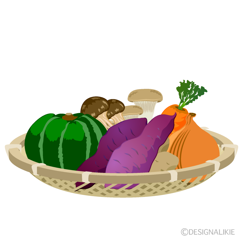 竹ザルに盛られた秋の味覚の野菜イラストのフリー素材 イラストイメージ