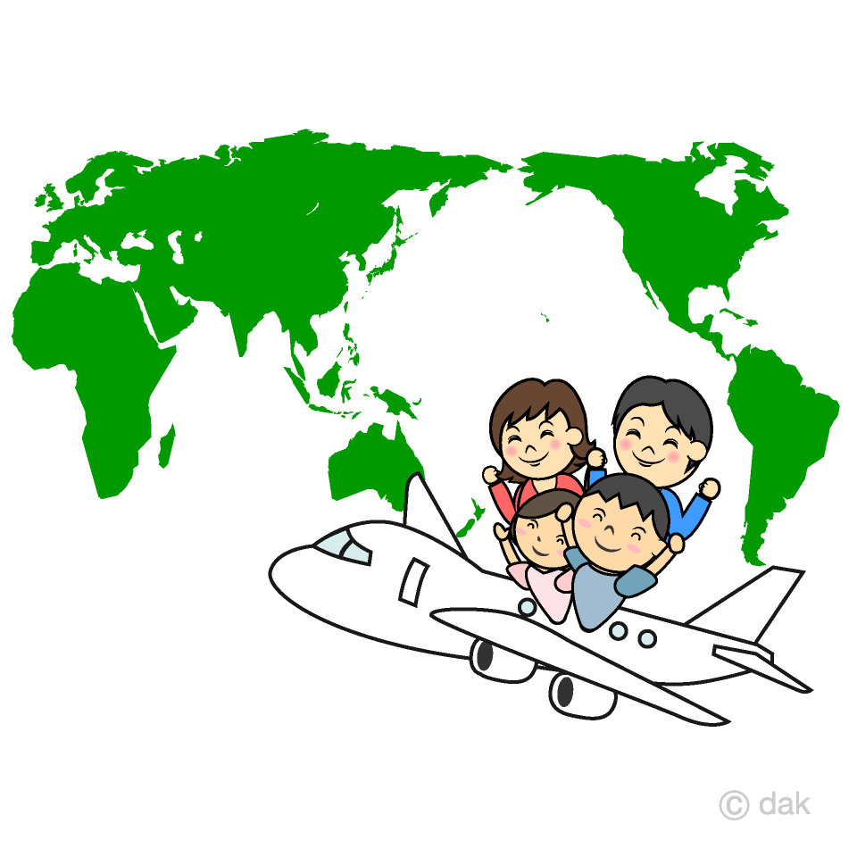飛行機で家族の海外旅行イラストのフリー素材｜イラストイメージ