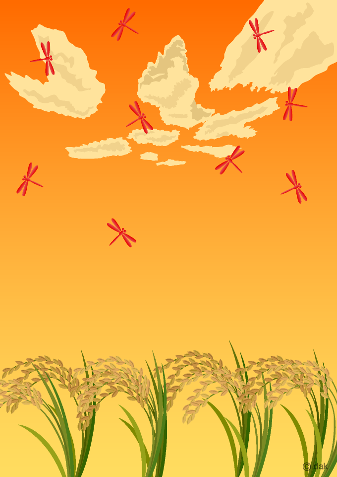 秋の夕日のトンボと稲穂の無料イラスト素材 イラストイメージ