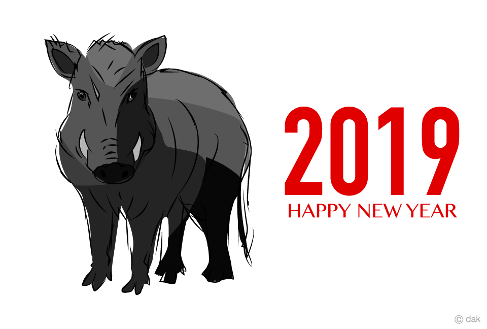 猪の白黒デザイン年賀状の無料イラスト素材 イラストイメージ
