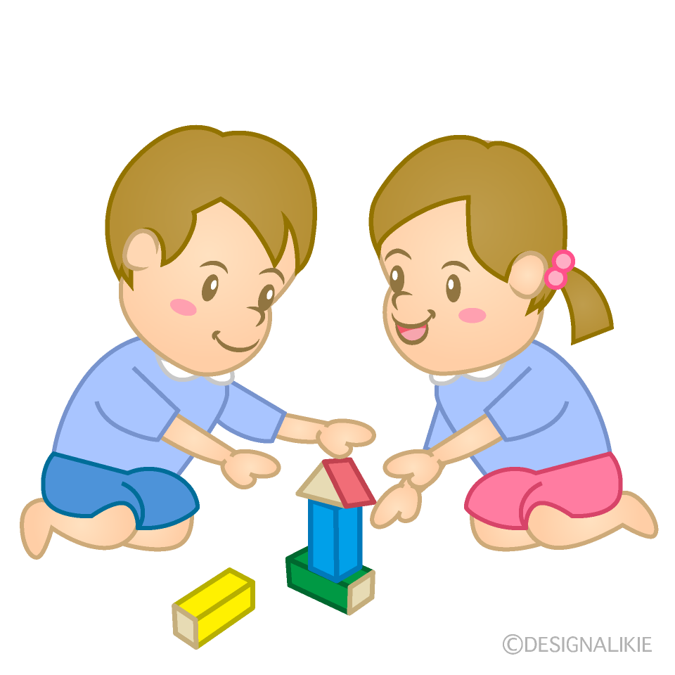 積み木で遊ぶ可愛い園児の無料イラスト素材 イラストイメージ