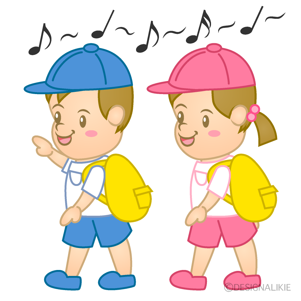 歌を歌い遠足を楽しむ園児の無料イラスト素材 イラストイメージ