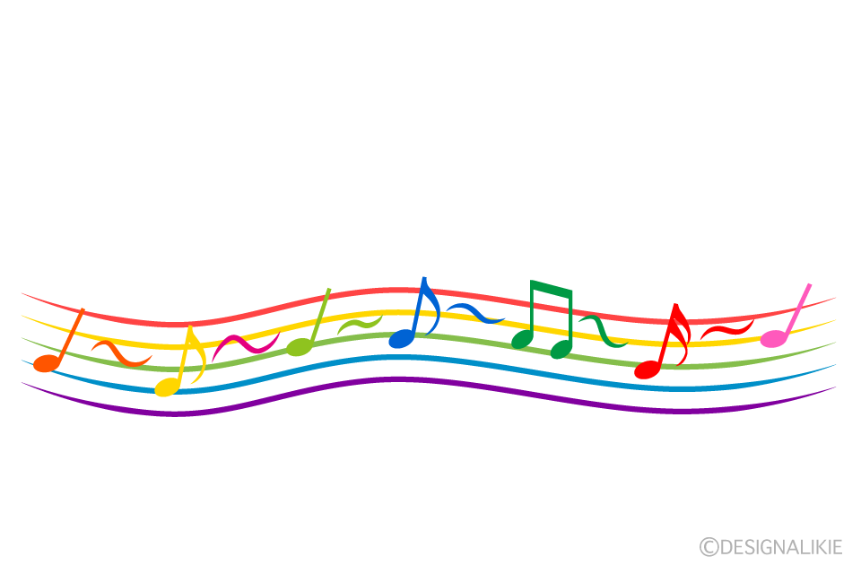カラフルな流れる音符の楽譜イラストのフリー素材 イラストイメージ