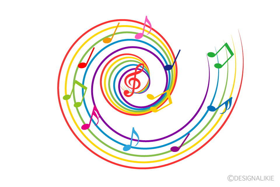 カラフルな渦を巻く楽譜の音符