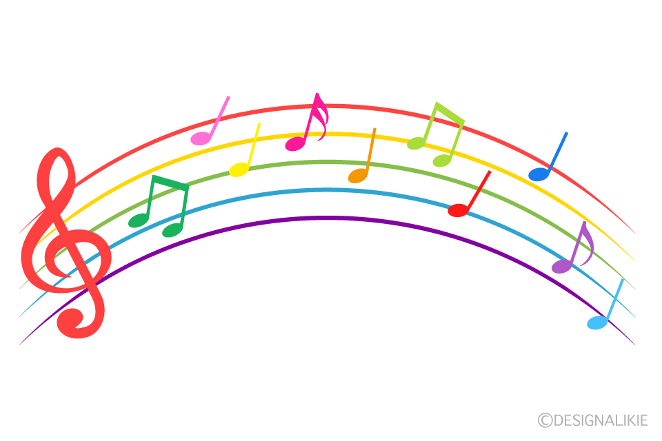 虹がかかったカラフルな音符イラストのフリー素材 イラストイメージ