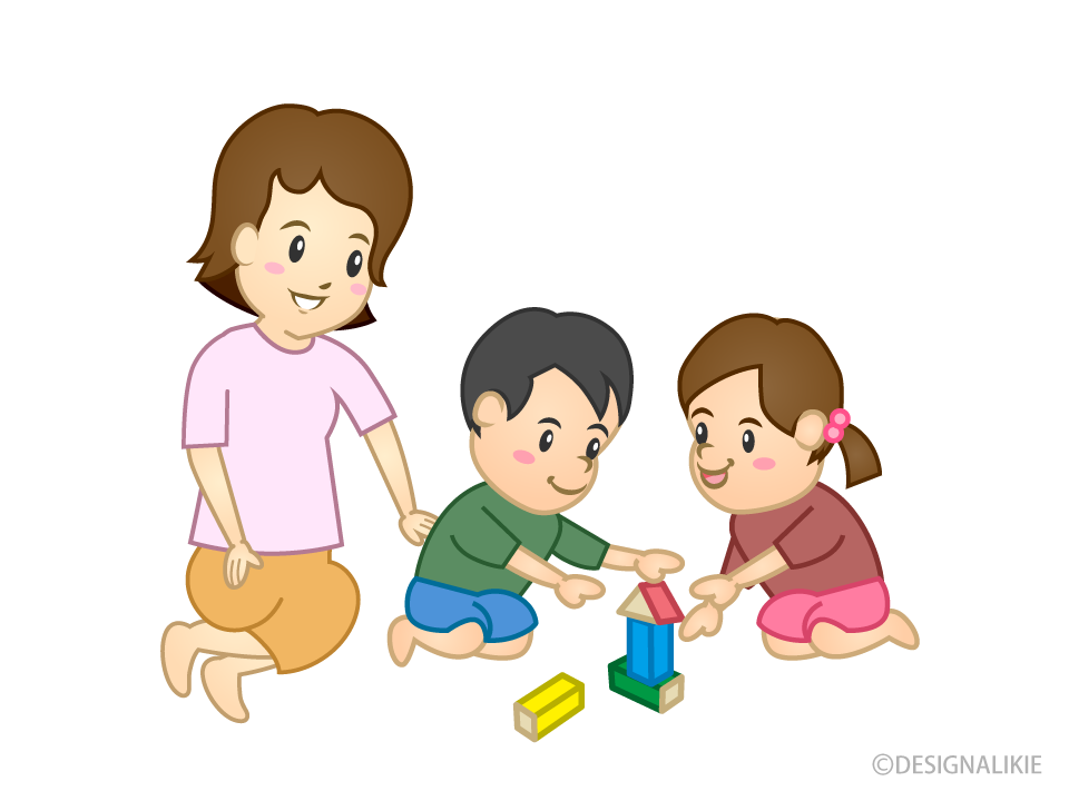 積み木遊びする子供と母親の無料イラスト素材 イラストイメージ
