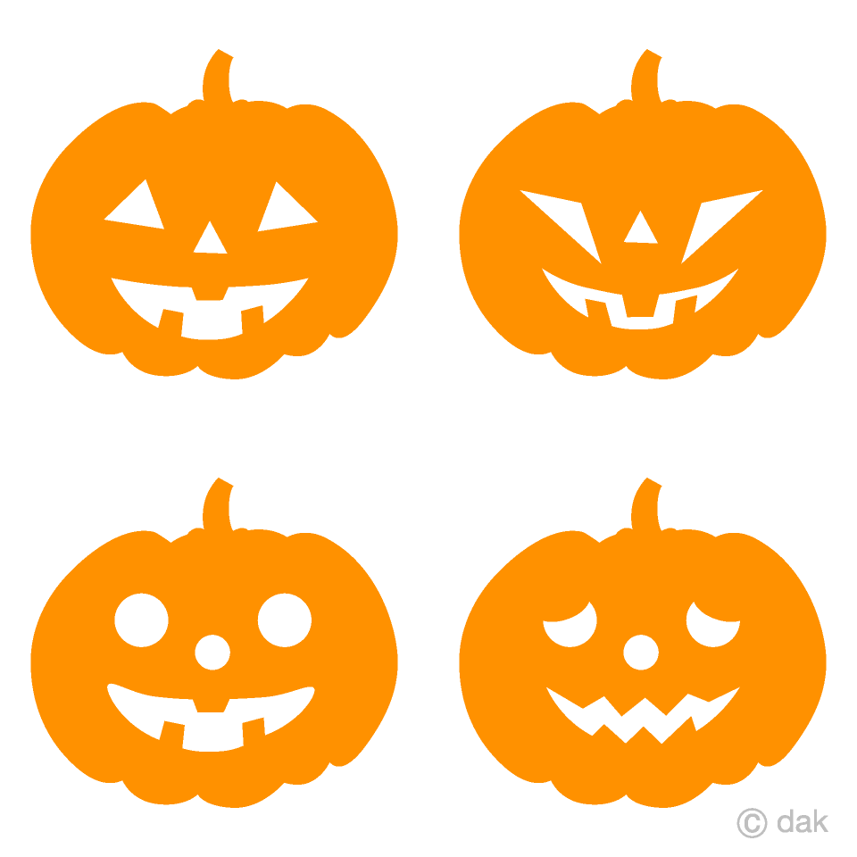 単色オレンジ色のハロウィンかぼちゃ４種イラストのフリー素材 イラストイメージ