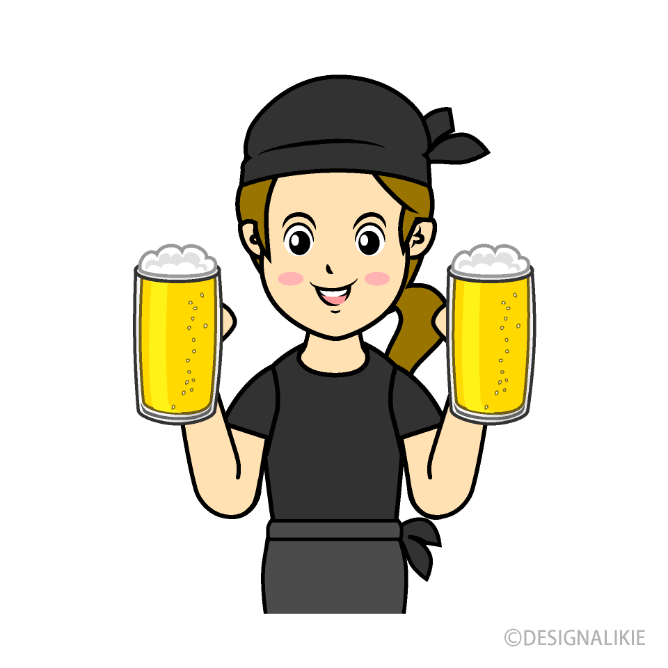 両手にビールを持って頑張る女性店員イラストのフリー素材 イラストイメージ