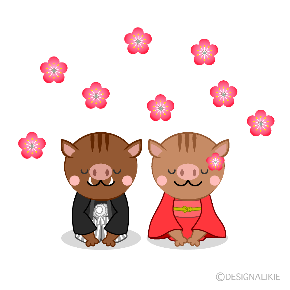 梅の花と新年挨拶する猪の無料イラスト素材 イラストイメージ