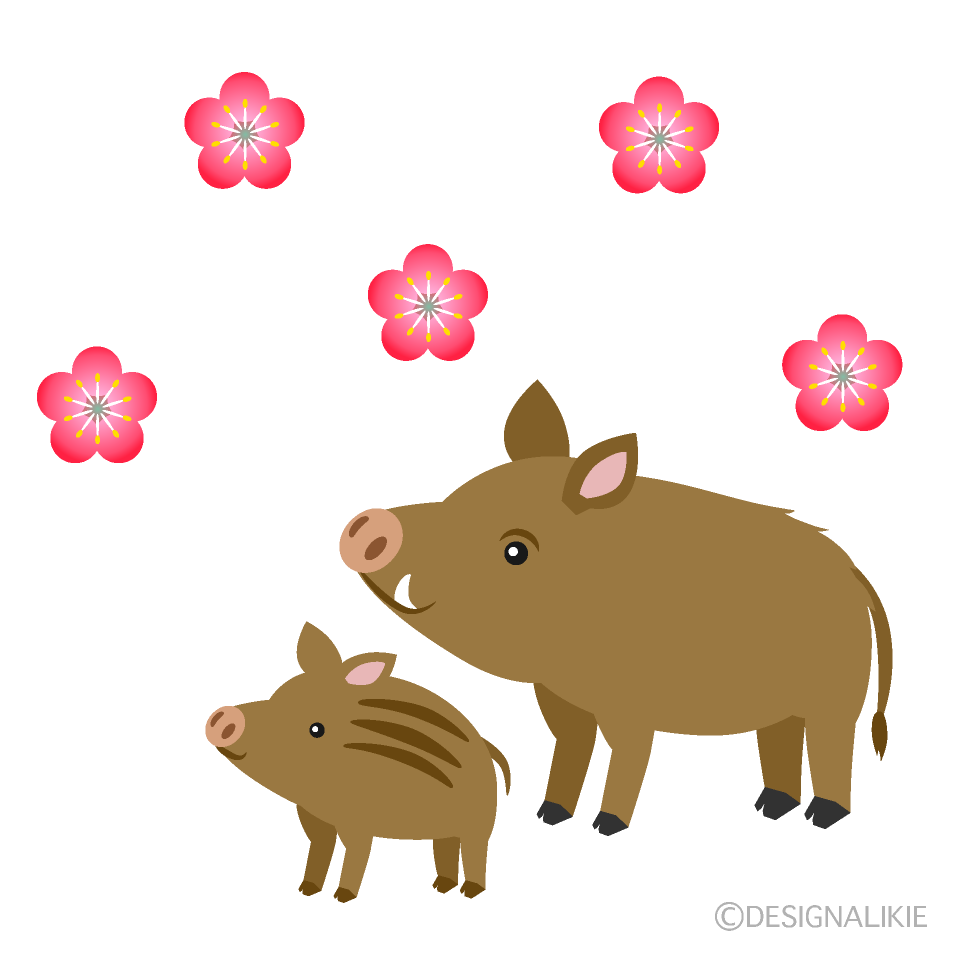 梅の花と猪親子の無料イラスト素材 イラストイメージ