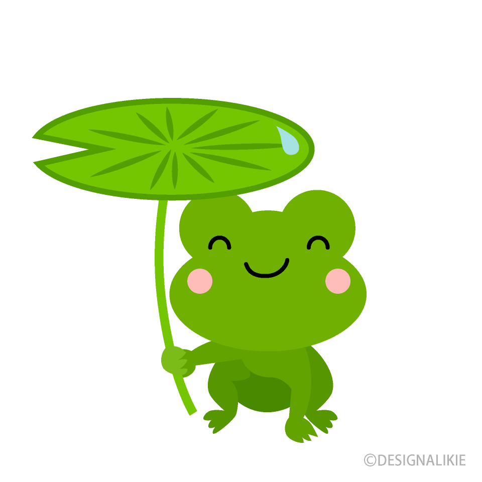葉っぱを傘にするカエルキャラ