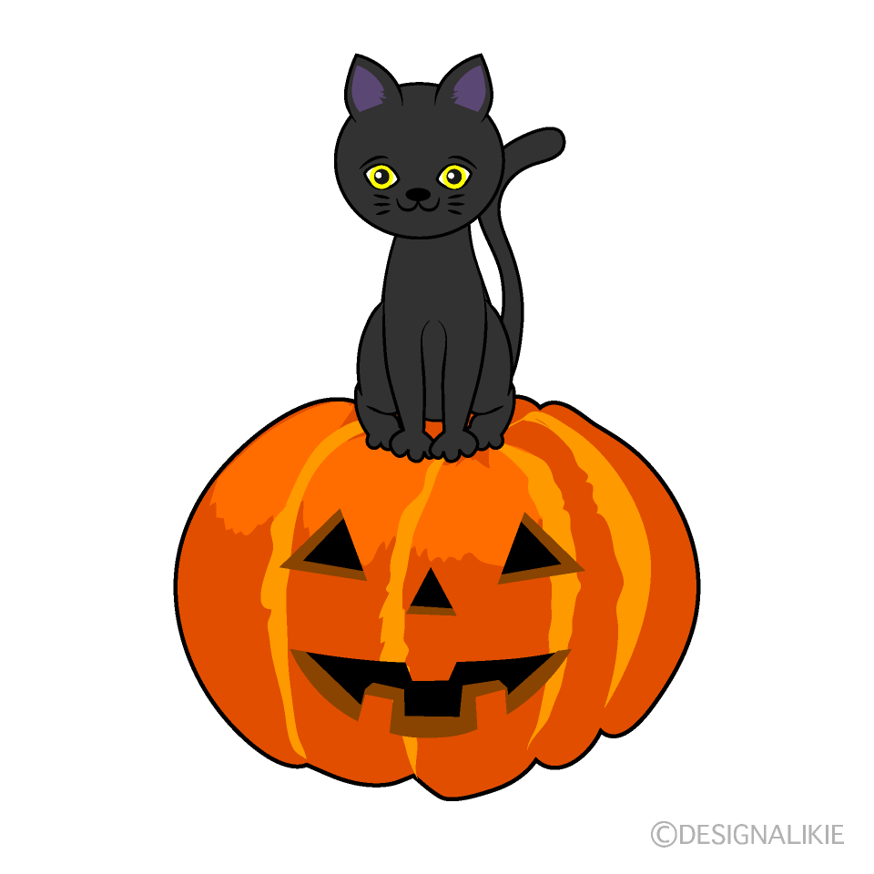 黒猫とハロウィンかぼちゃの無料イラスト素材 イラストイメージ