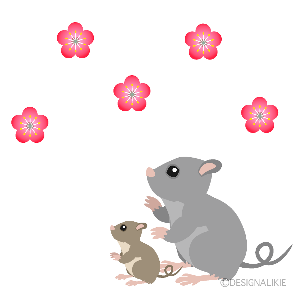 梅の花とネズミ親子イラストのフリー素材 イラストイメージ