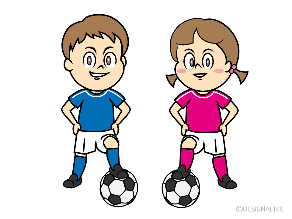 サッカーに自信満々の男の子と女の子イラストのフリー素材 イラストイメージ