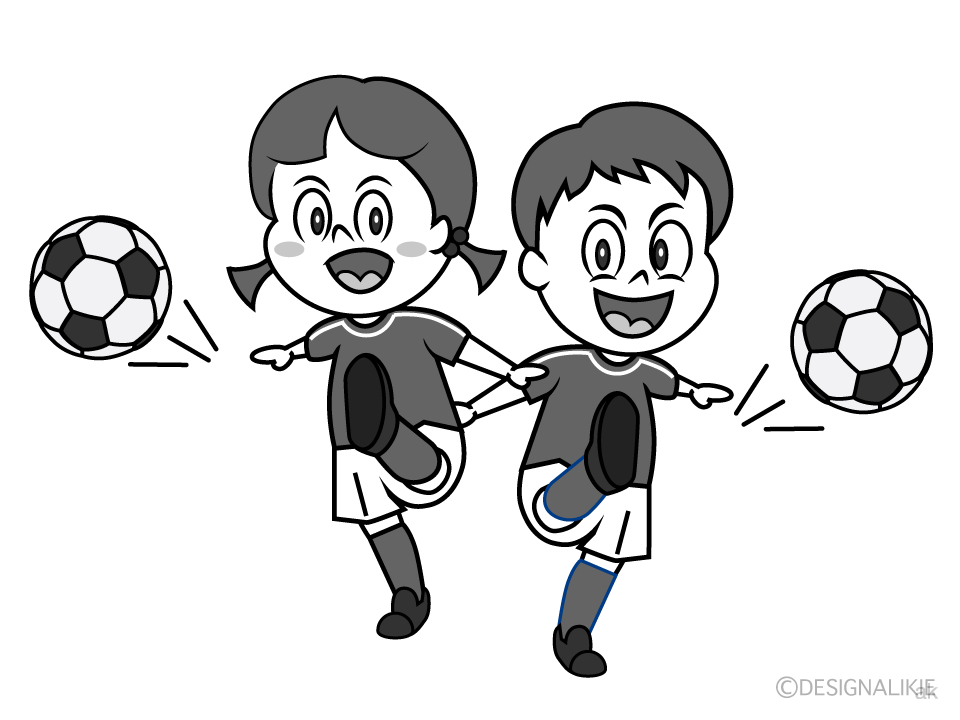 元気なサッカー少年と少女（白黒）