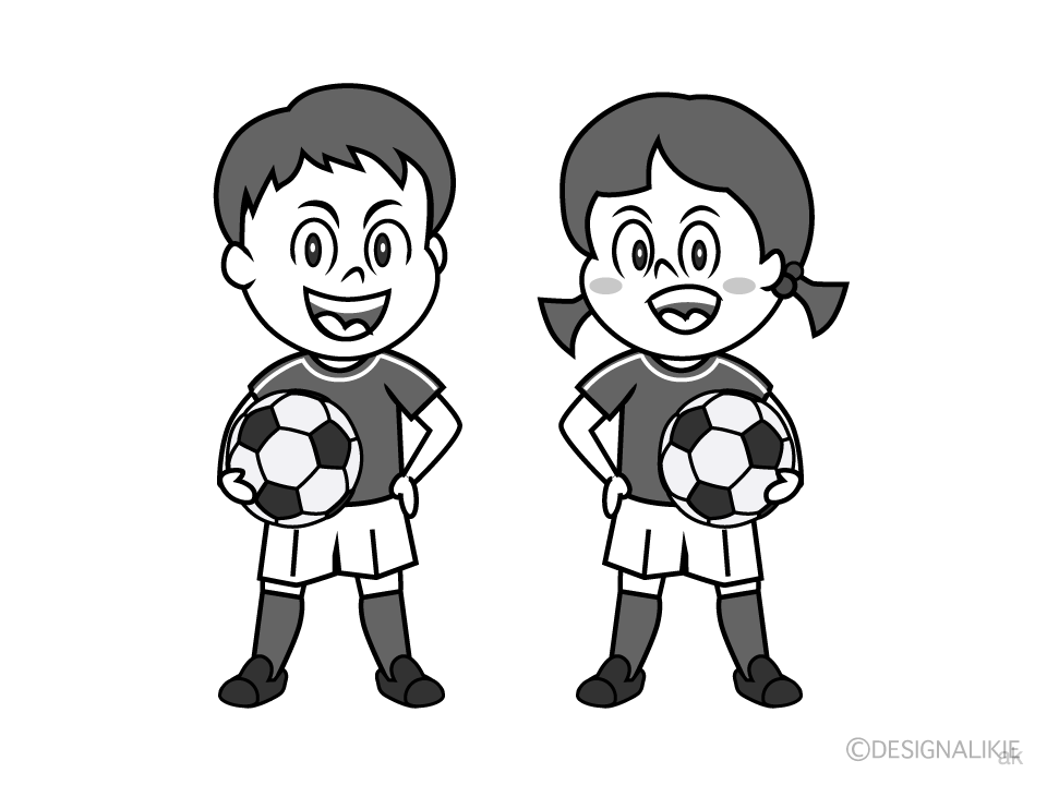 笑顔のサッカー少年と少女 白黒 の無料イラスト素材 イラストイメージ
