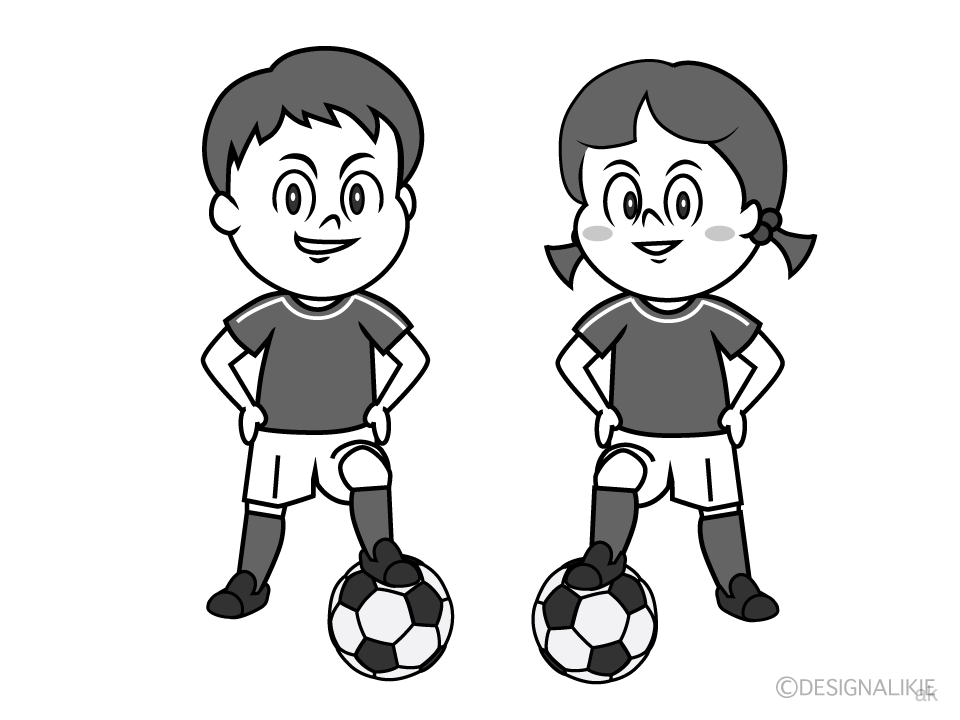 自信満々のサッカー少年と少女 白黒 の無料イラスト素材 イラストイメージ
