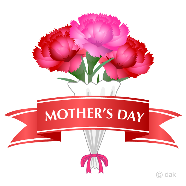 母の日リボンとカーネーション花束の無料イラスト素材 イラストイメージ