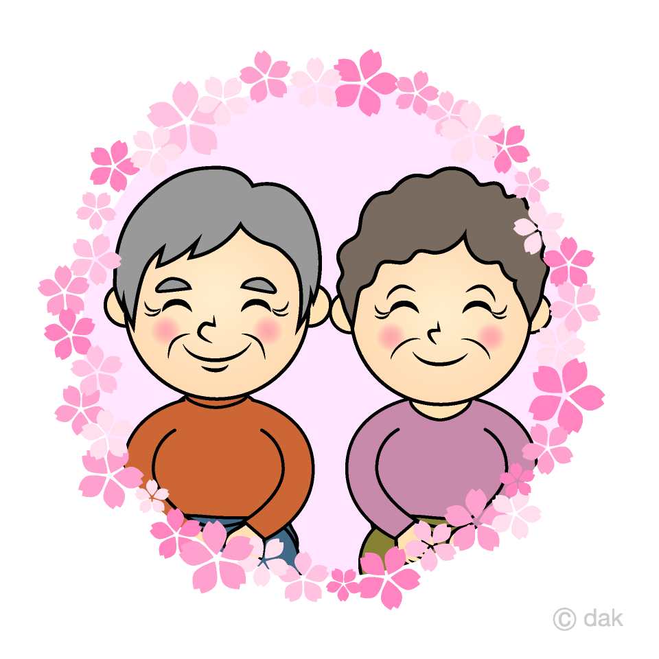 桜花リースの幸せな年配夫婦イラストのフリー素材 イラストイメージ