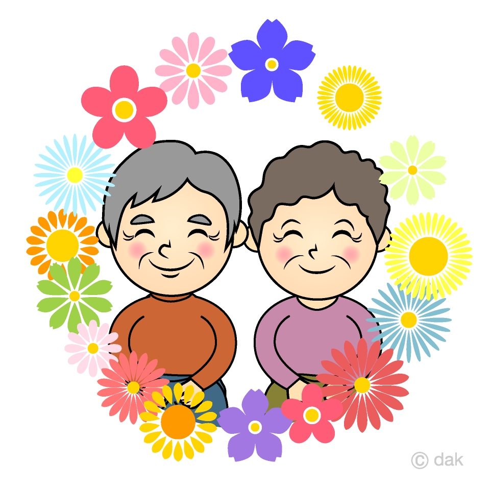 カラフルな花リースの仲の良い年配夫婦イラストのフリー素材 イラストイメージ