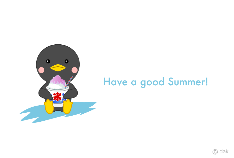 かき氷を食べるペンギンの暑中見舞いの無料イラスト素材 イラストイメージ