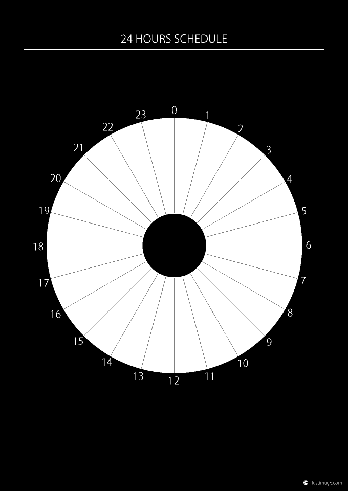 円グラフの24時間スケジュール 黒 の無料イラスト素材 イラストイメージ
