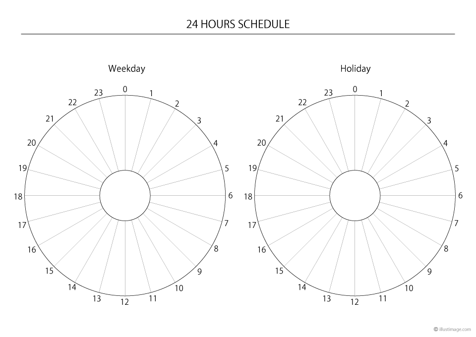 平日と休日の円グラフ24時間スケジュールイラストのフリー素材 イラストイメージ