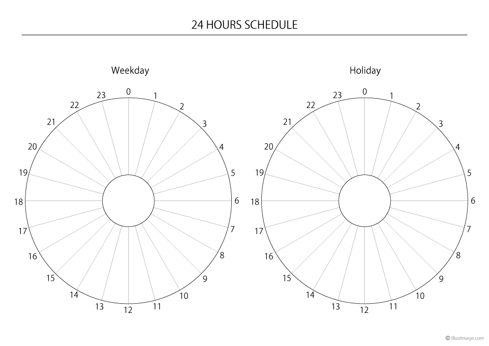 平日と休日の円グラフ24時間スケジュールの無料イラスト素材 イラストイメージ
